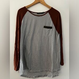 Doe & Rae Black and White Striped Long Sleeve Top with Rust Brown Sleeves
